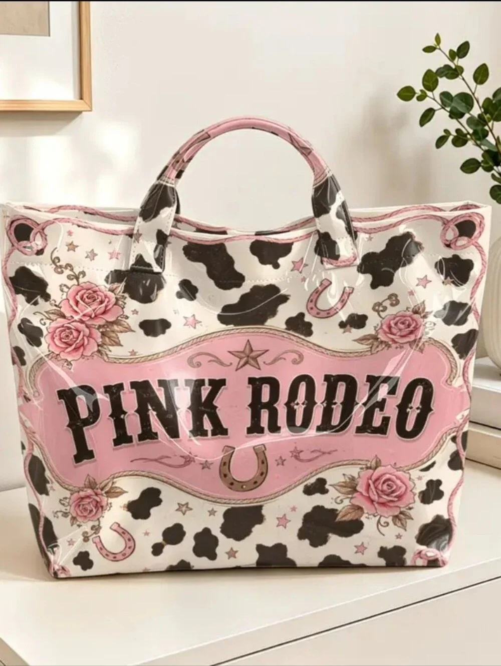 Women Westwrn Pink Cow Print Large PVC Daily Commute Bag